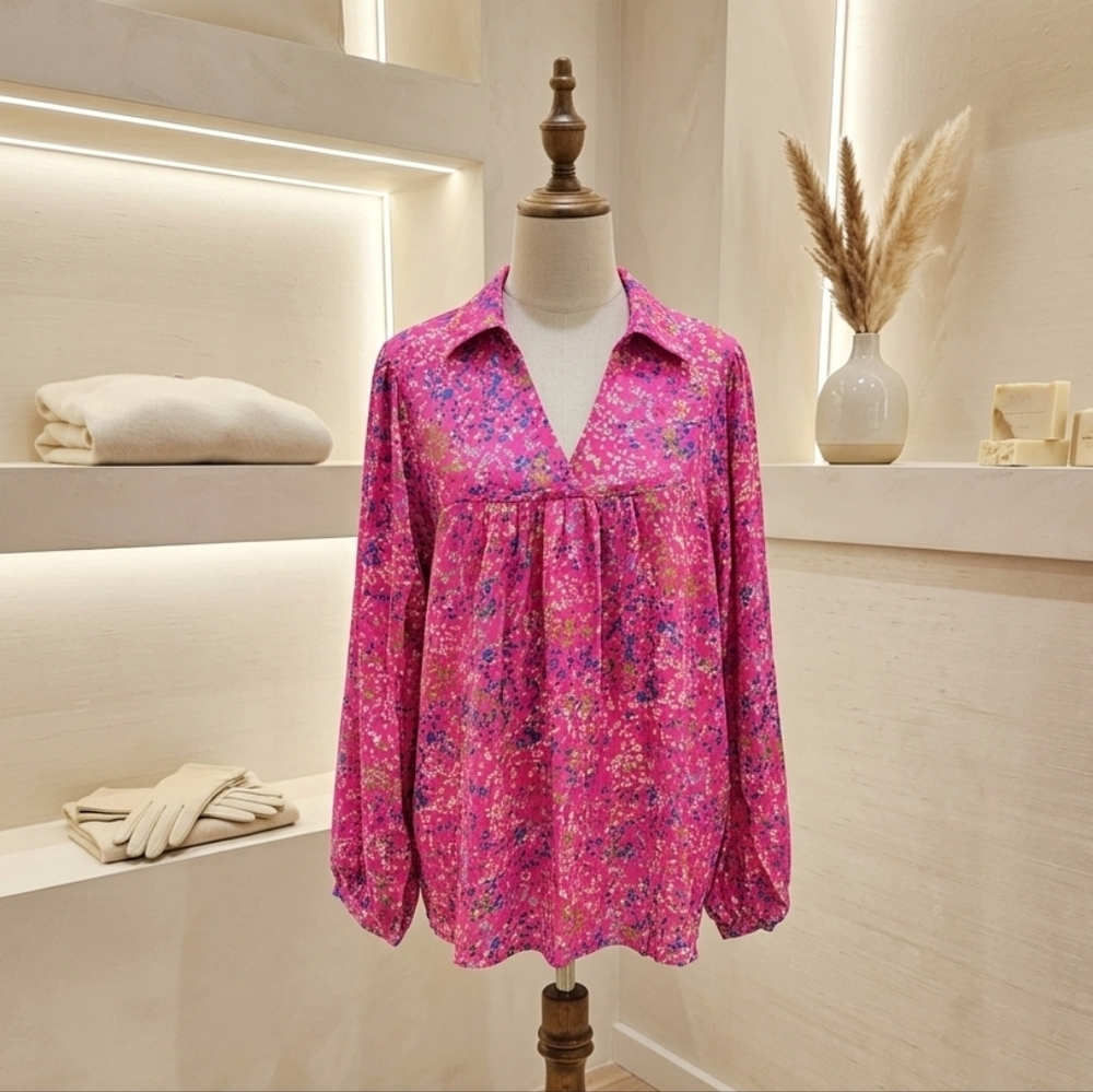 Lovesoft Abstract Pink Bonbon Blouse – V-Neck Collared Babydoll Top 💕